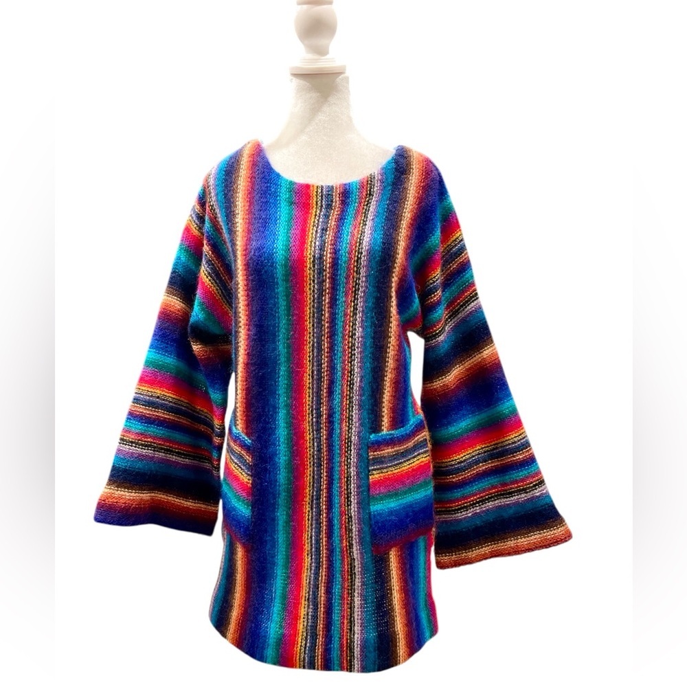 Vintage Rainbow Mohair Bell Sleeve Sweater Tunic Festival Art Knit